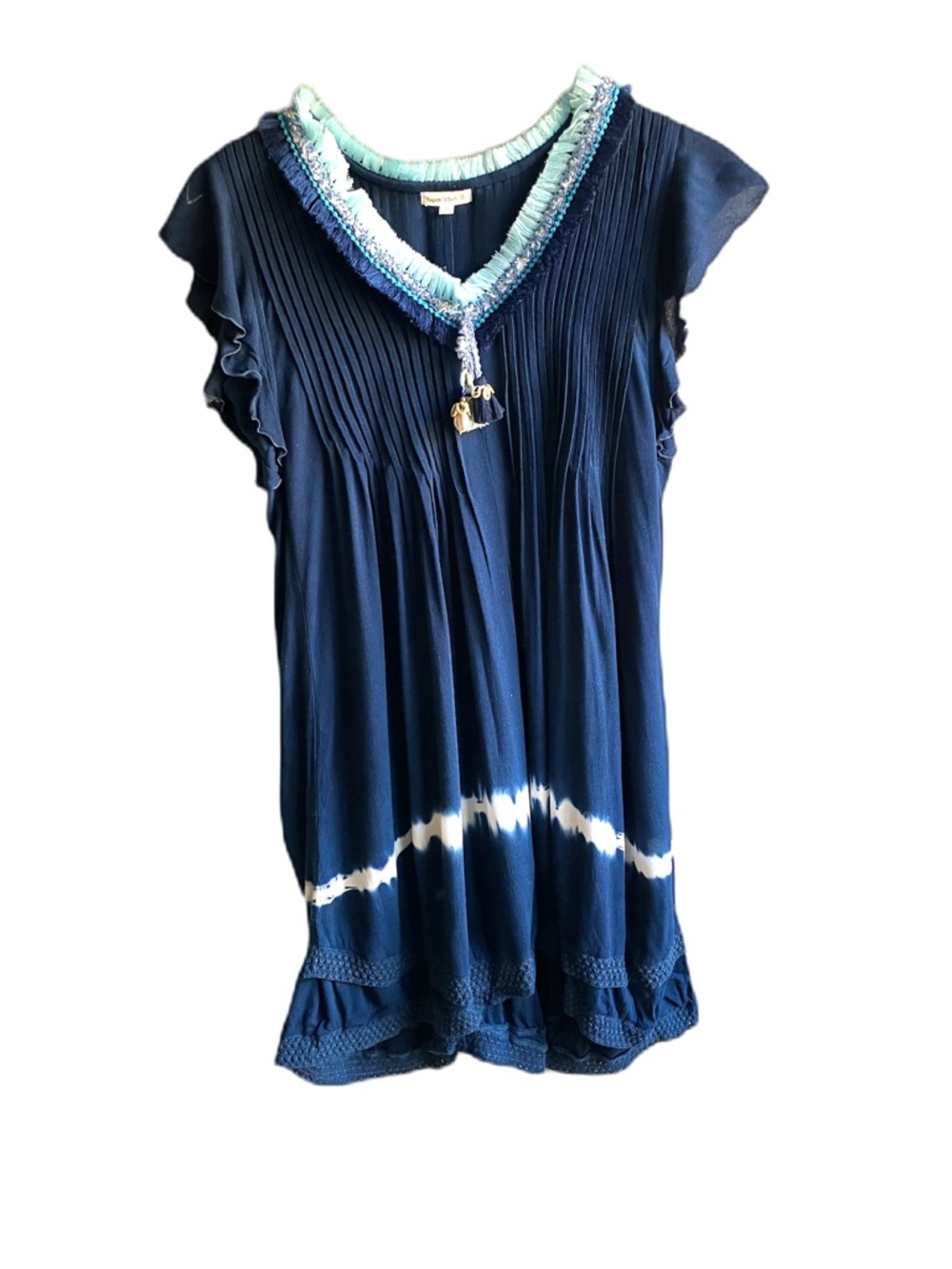 Poupette St. Barth Sasha Mini Dress Size XS Navy White Tie-Dye Fringe Resortwear